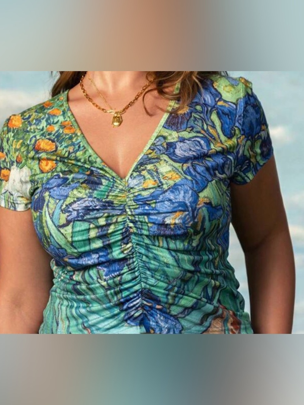 SHEIN Blue Green Floral Ruched Short Sleeve Tee